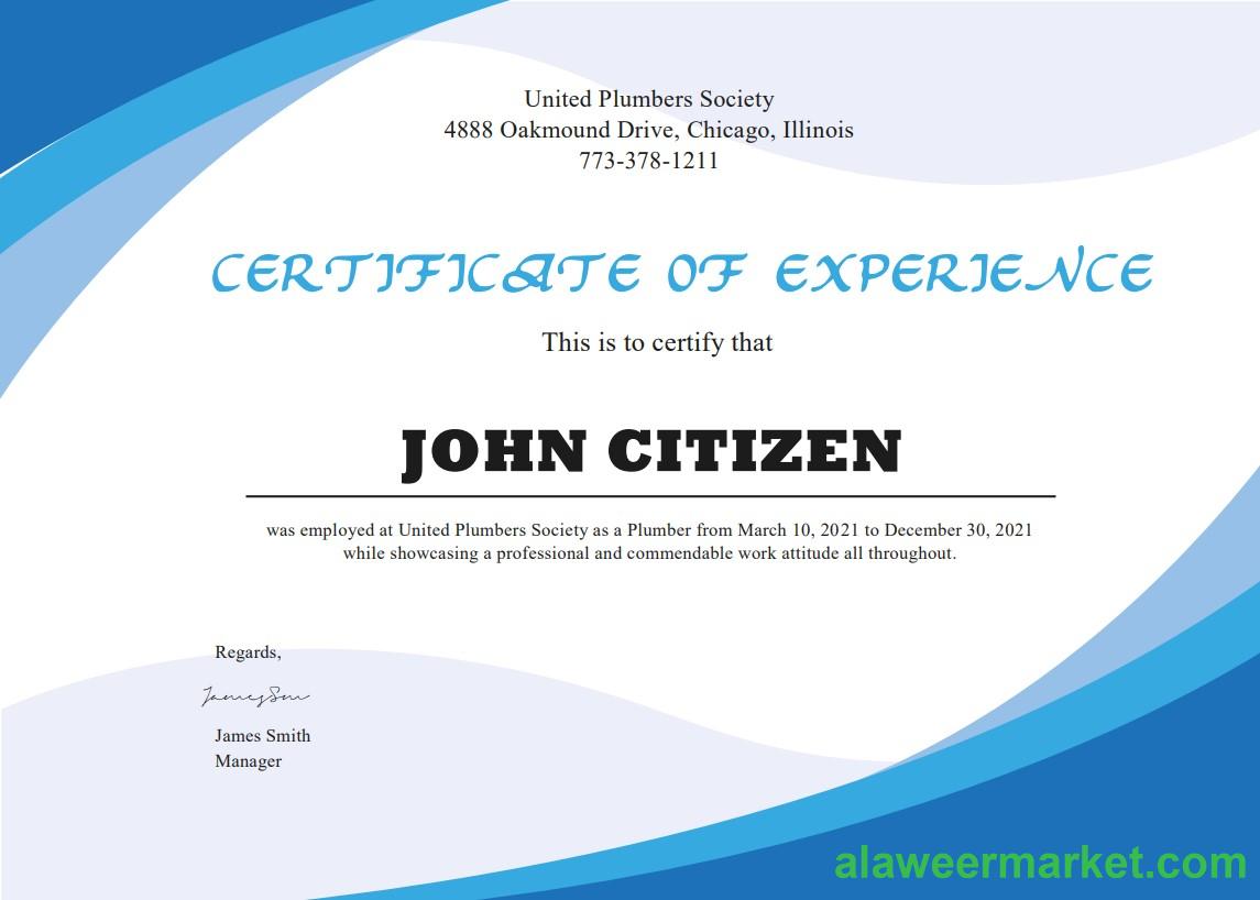 USA Plumbing Experience cert